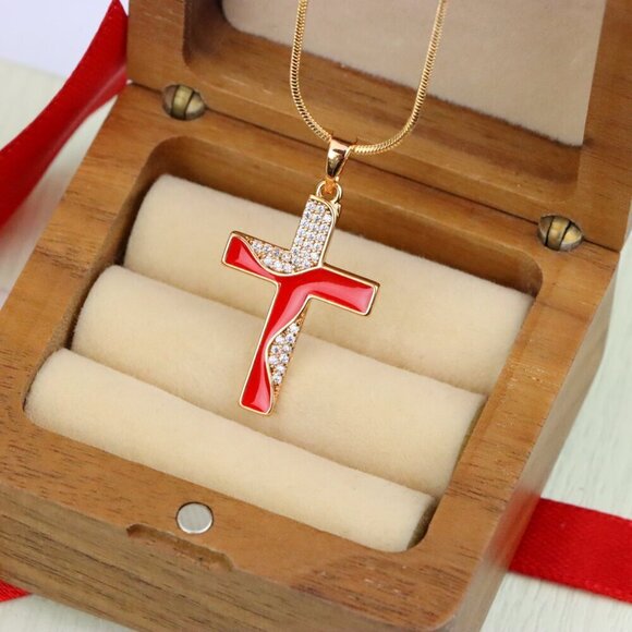 "Rose Gold Cross Pendant with Red Enamel and CZ Stone Detailing, XPPT1399 - Picture 7 of 13